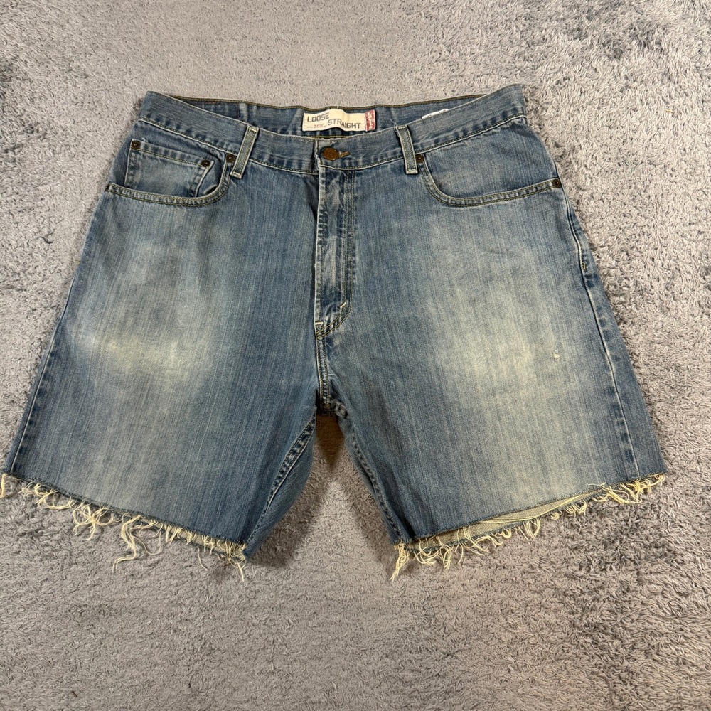 Levi's Mens 569 Loose Straight Denim Cut Off Shorts W34 Light Wash Raw Hem